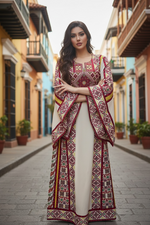 Charger l'image dans la galerie, Red Embroidered Palestinian Thobe with Wide Sleeves and Belt
