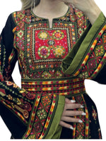 Load image into Gallery viewer, Green &amp; Black Traditional  Thoub Embroidery With Wide Sleeve Elegant with Reversible Belt
