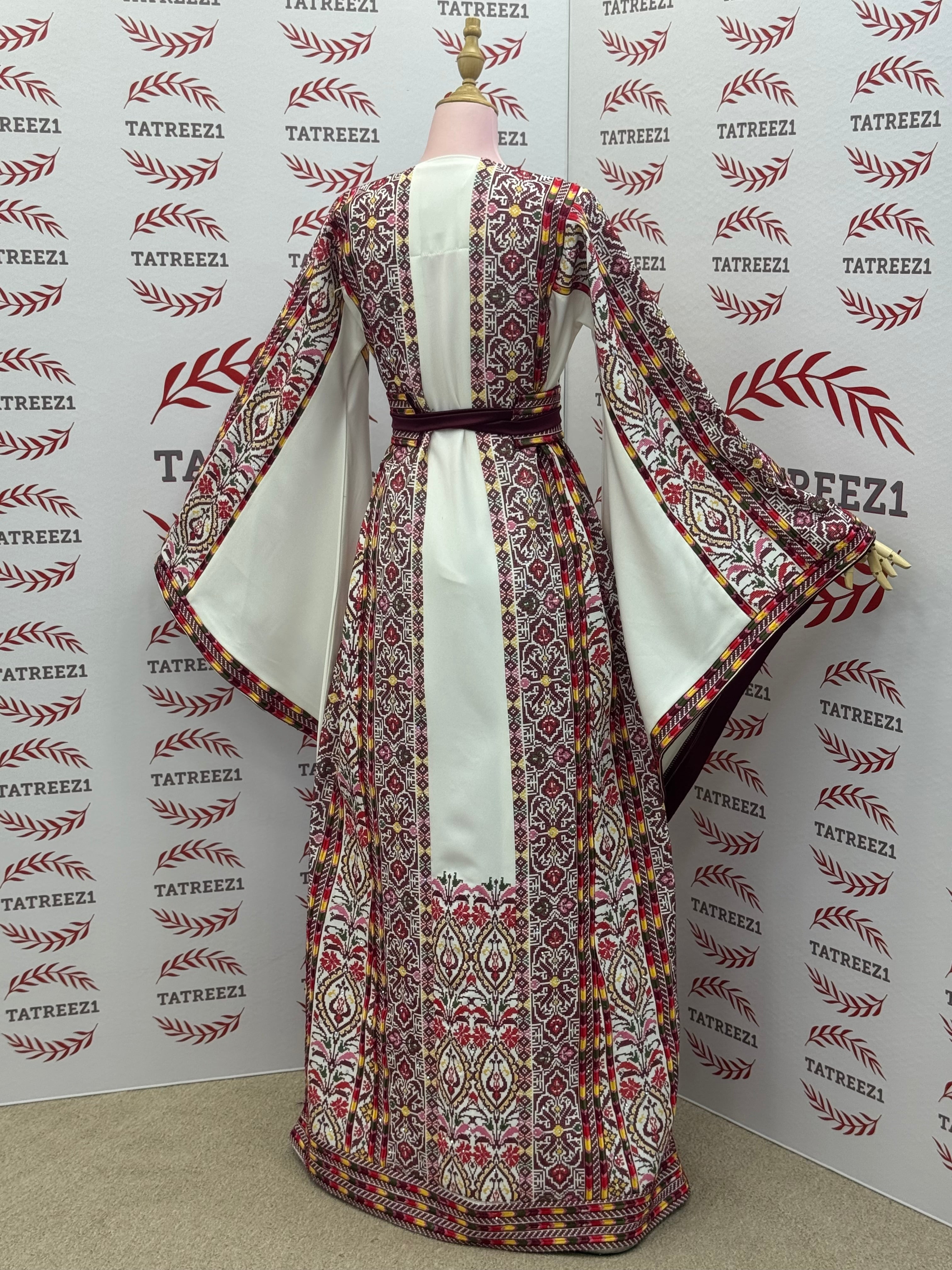 White Traditional Palestinian Thobe – Burgundy & Gold Elegance Embroidery