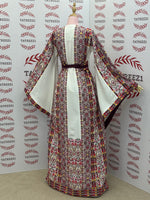 Load image into Gallery viewer, White Traditional Palestinian Thobe – Burgundy &amp; Gold Elegance Embroidery
