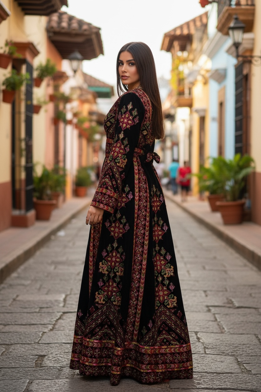 Black Velvet Embroidery Palestinian Fellahi Thobe