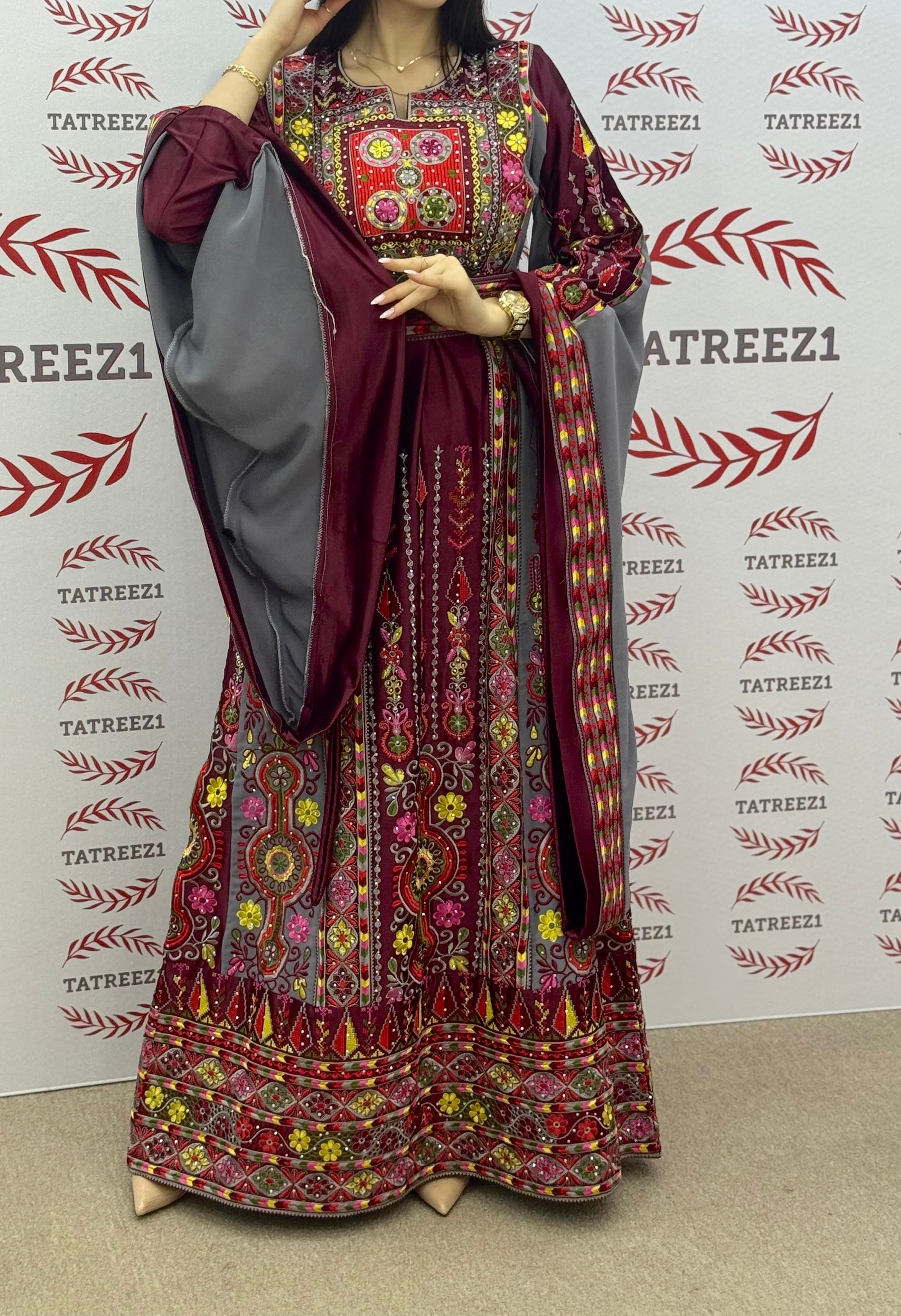 Gray Embroidery Traditional Palestinian Thobe Machine Made