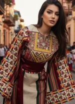 Load image into Gallery viewer, Beige Majdalway Embroidered Palestinian Fellahi Thobe With Matching Headpiece
