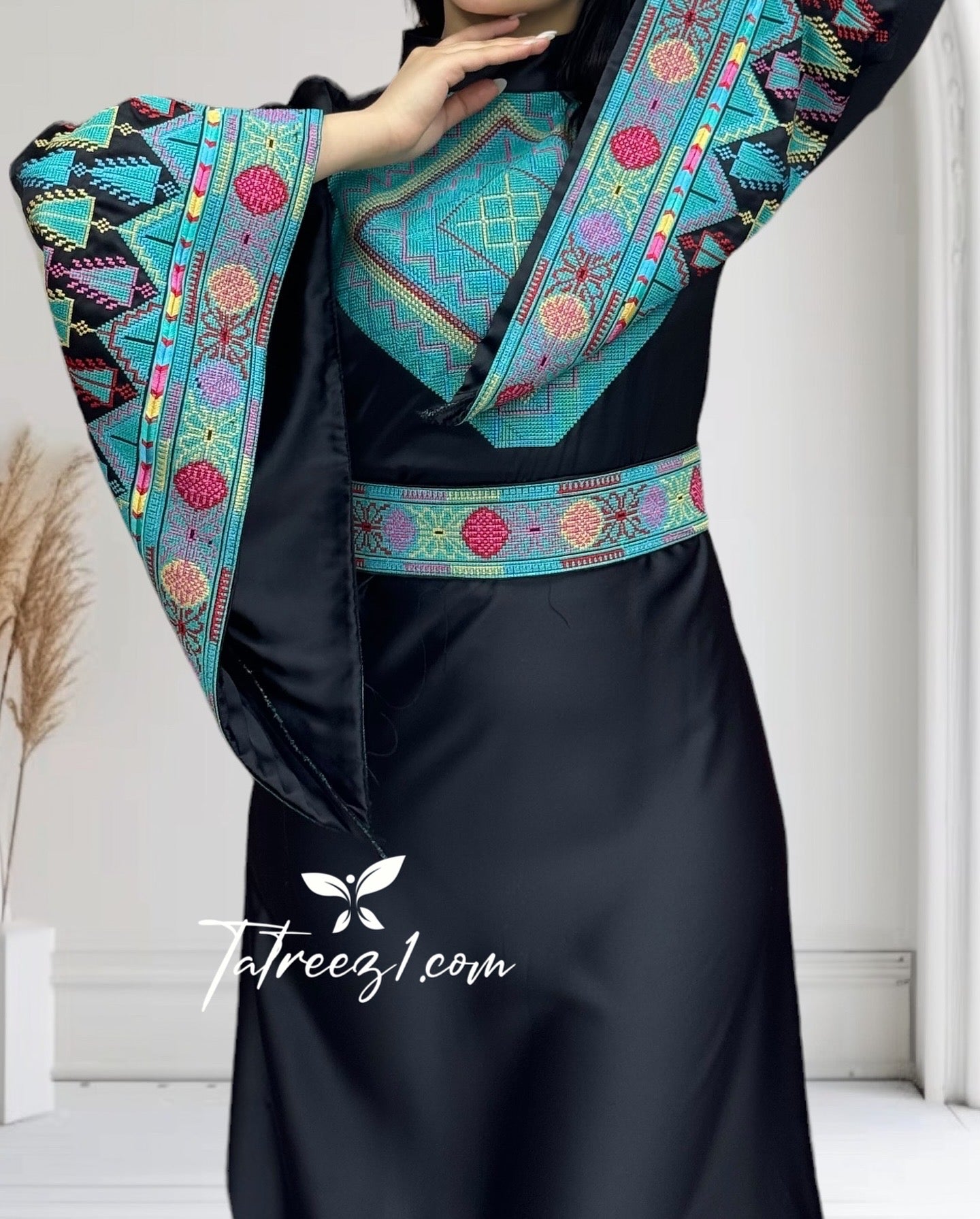 Turquoise Tatreez Elegant Embroidered Dress Wide Sleeve