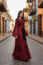 Load image into Gallery viewer, Red &amp; Black Color thoub Embroidered Palestinian Fellahi Thobe With Belt
