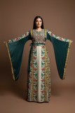 Green Floral Embroidered Palestinian Beige Thobe with Wide Sleeve