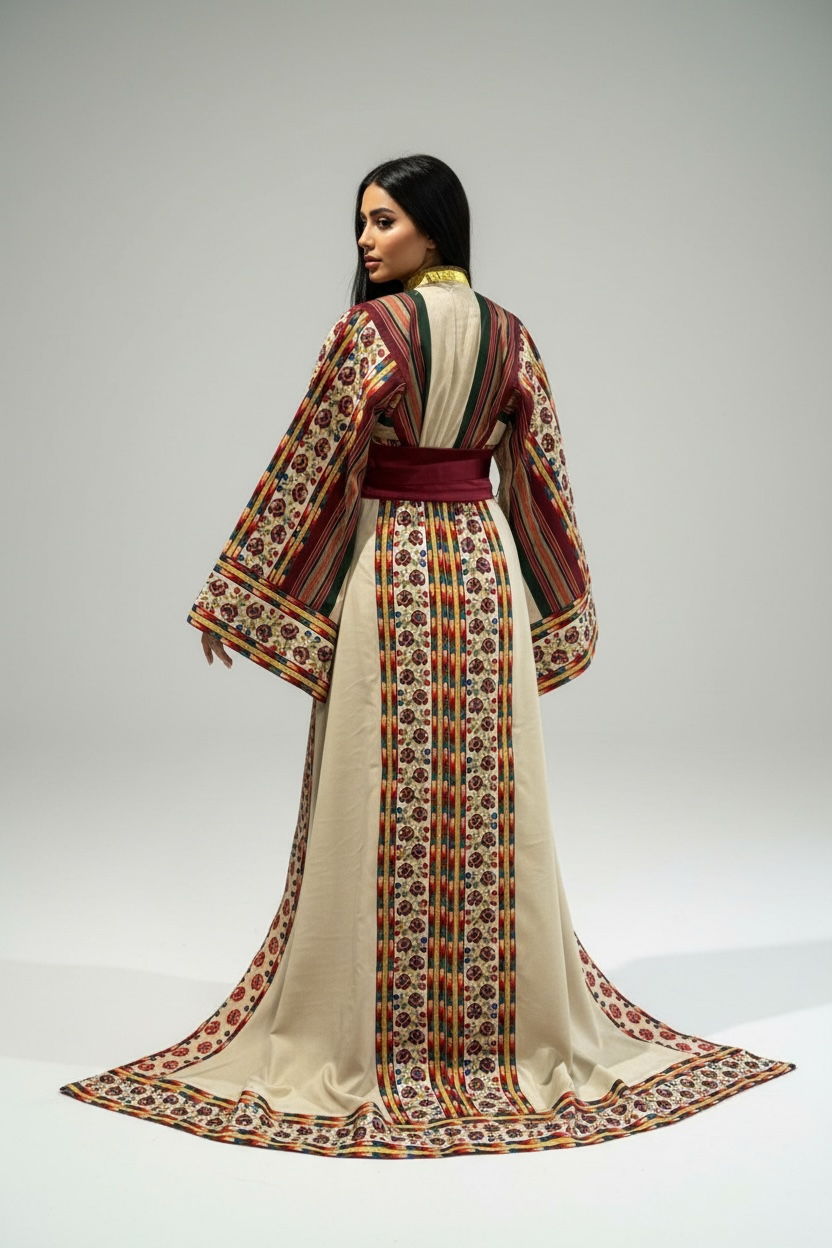 Beige Majdalway Embroidered Palestinian Fellahi Thobe With Matching Headpiece & overskirt