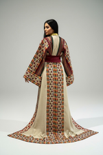 Load image into Gallery viewer, Beige Majdalway Embroidered Palestinian Fellahi Thobe With Matching Headpiece &amp; overskirt
