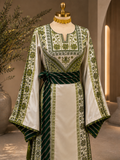 Ivory Green Palestinian Thobe Set Matching Shawl & Double-Sided Belt