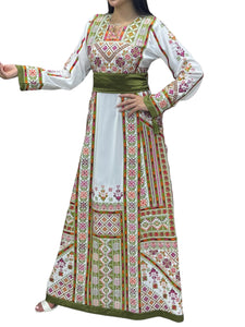 White Traditional Thoub  Embroidery Stone Thobe with Matching Embroidery belt Reversible