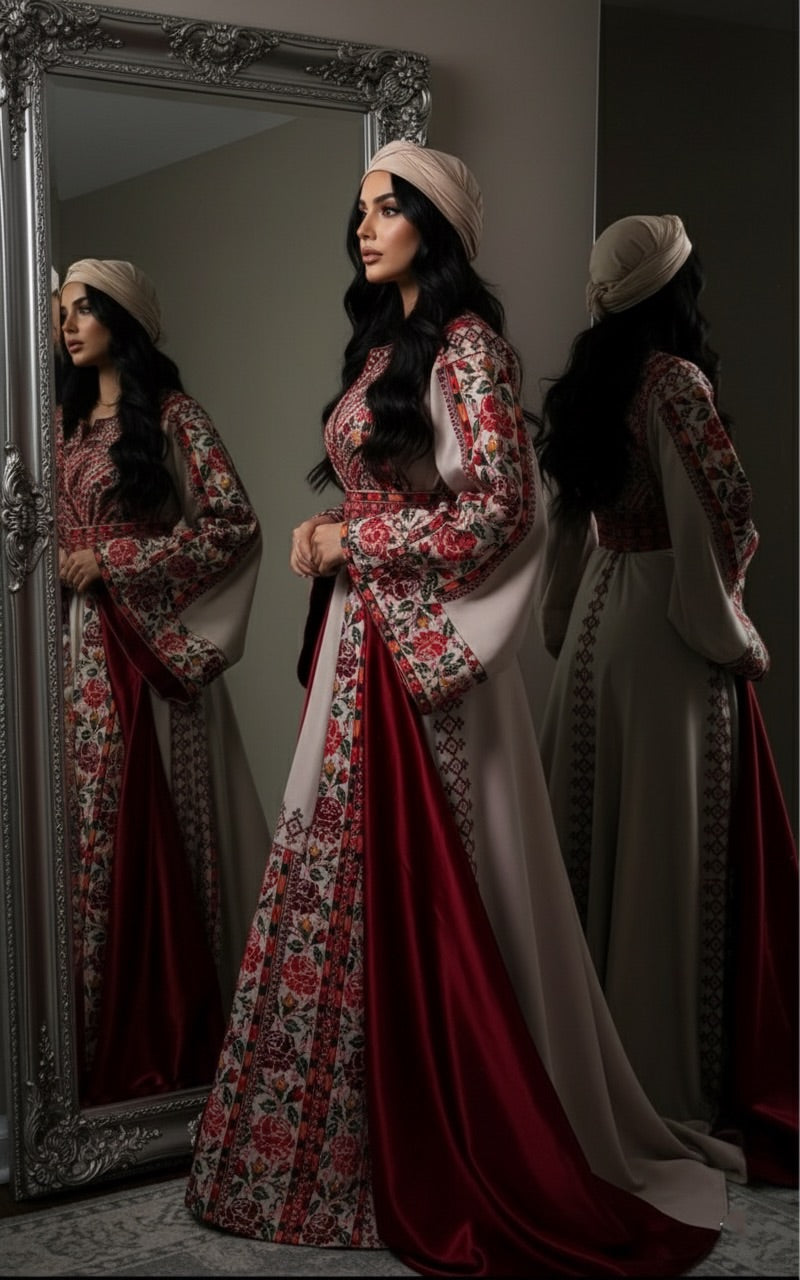 Light beige Elegance Thoub with Overskirt Thoub with Floral Embroidery