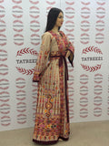 Beige Shade Embroidered Palestinian Thobe With Reversible Belt