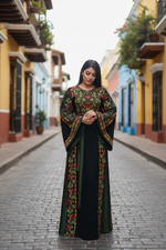 Load image into Gallery viewer, Green Covered in elegant floral Embroidered Palestinian Thobe
