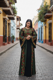 Green Covered in elegant floral Embroidered Palestinian Thobe