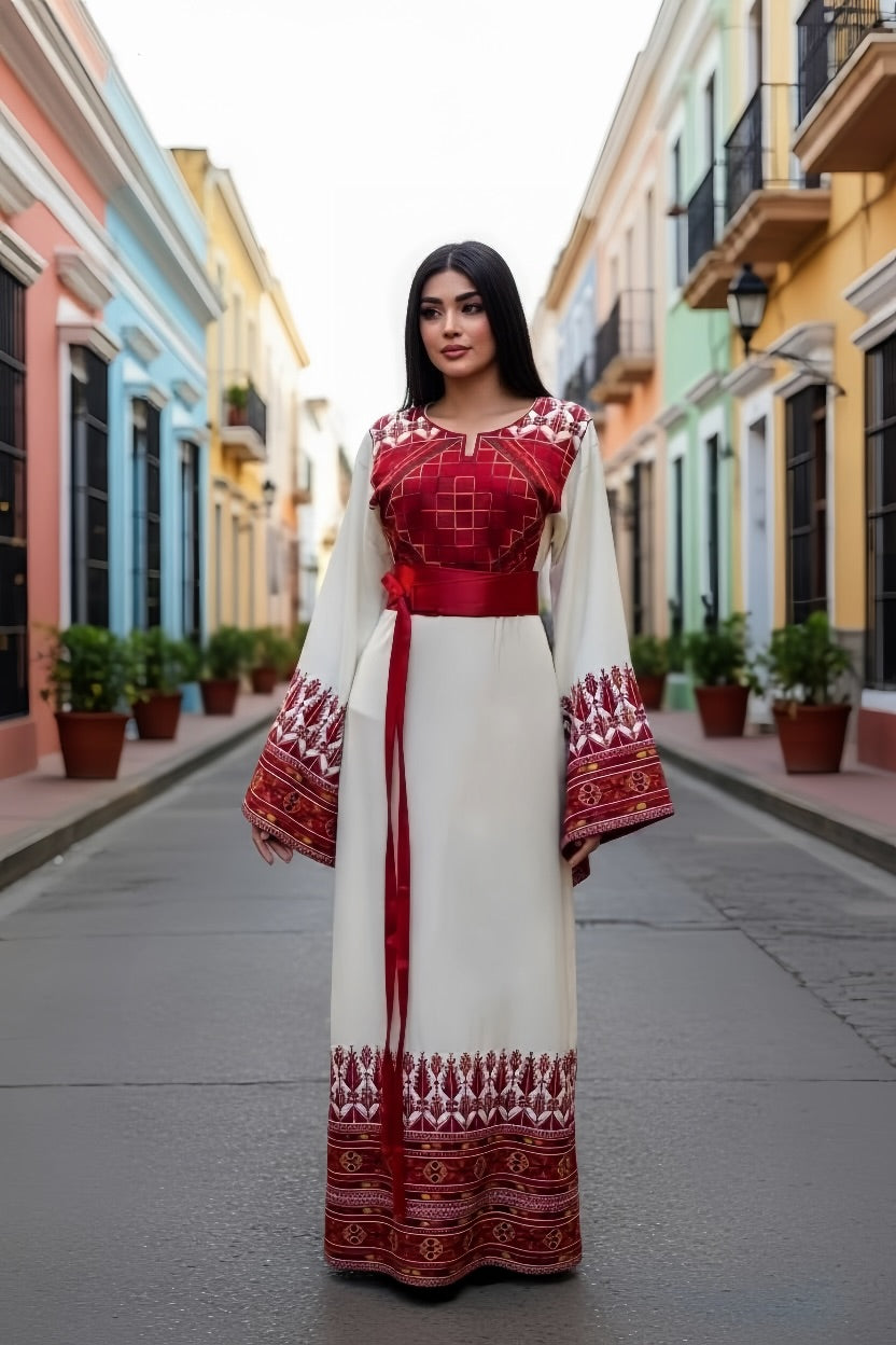 Stunning White Thoub Red Embroidered Palestinian Thobe