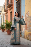 Beige thoub Blue Embroidered Palestinian Fellahi Thobe With Belt