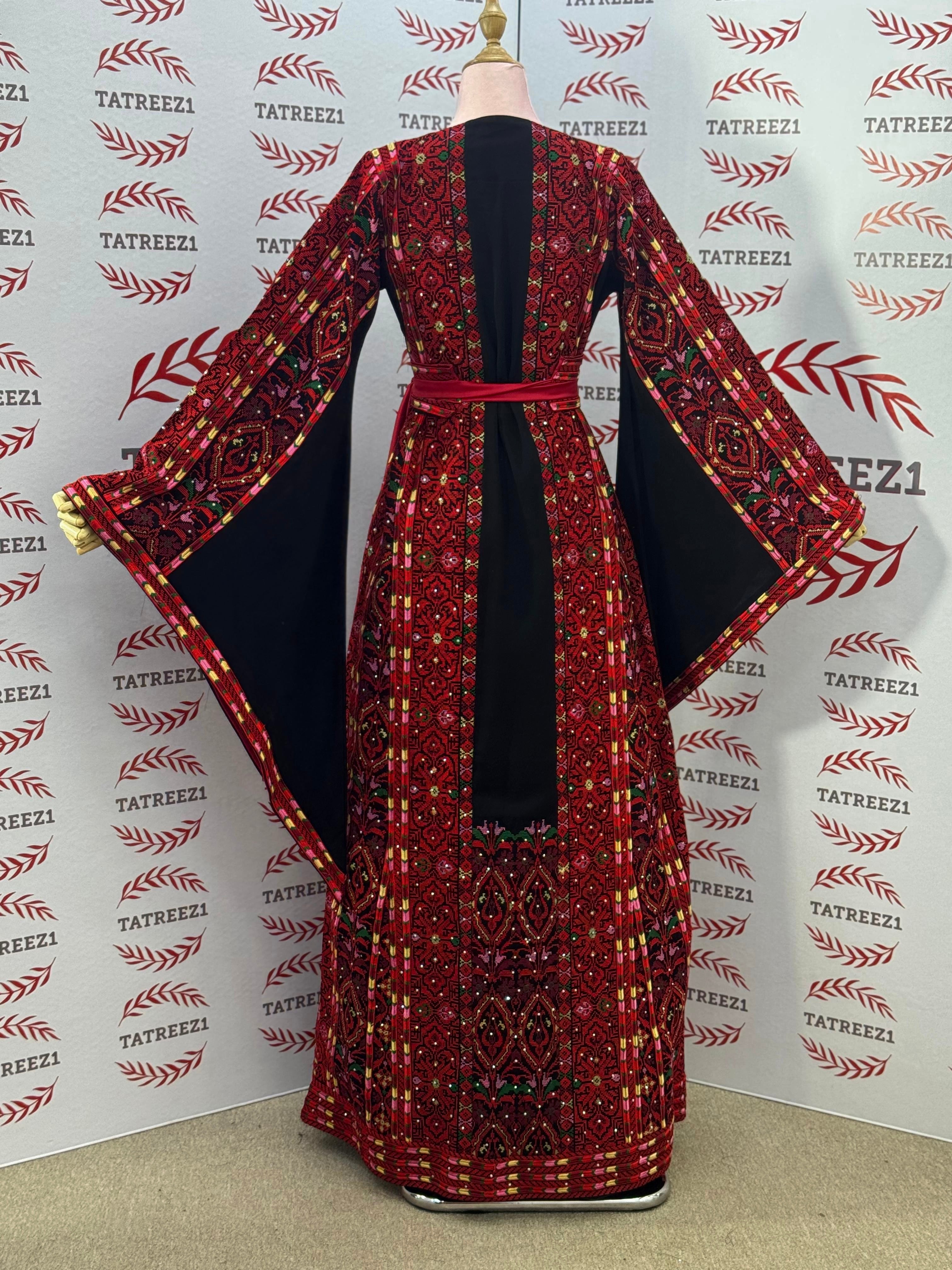 Red Embroidered Palestinian Thobe with Matching Embroidered Belt