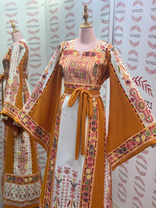 Yellow & White  Palestinian Tatreez Thobe Heritage Elegance Embroidered Dress
