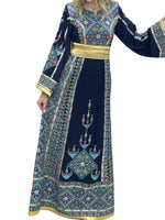 Load image into Gallery viewer, Navy Embroidery Embroidered Palestinian Thobe With Reversible Belt
