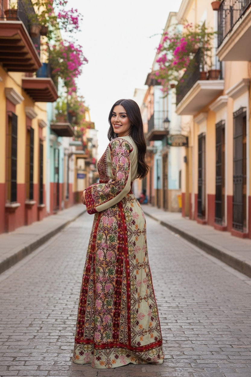 Beige & Maroon Thobe with Geometric Floral Embroidery