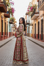 Load image into Gallery viewer, Beige &amp; Maroon Thobe with Geometric Floral Embroidery
