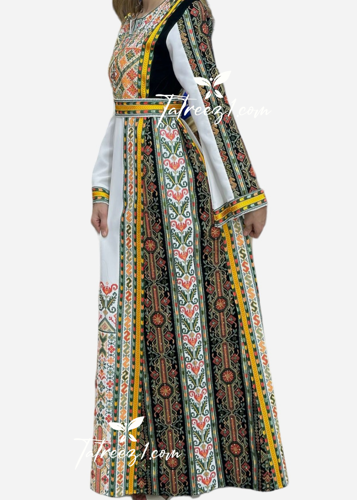 White Shade Stone Green MultiColored Embroidery Dress