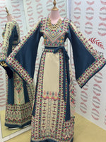 Load image into Gallery viewer, Beige Color thoub Blue Embroidered Palestinian Fellahi Thobe With Belt
