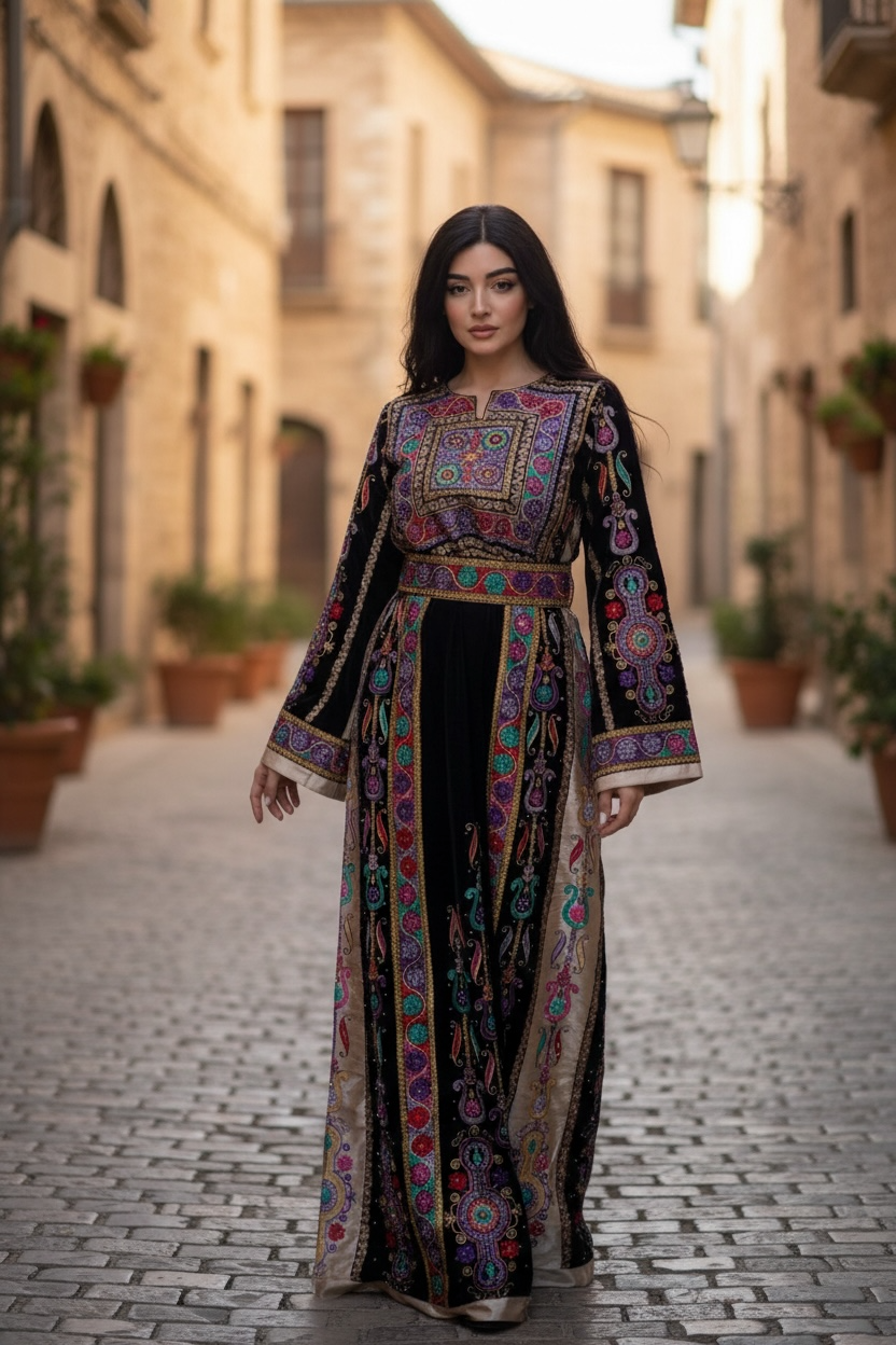 Purple Velvet Malacca Embroidered Palestinian Fellahi Thobe