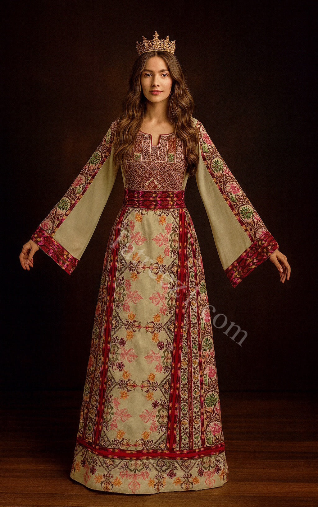 Beige & Maroon Thobe with Geometric Floral Embroidery