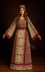 Load image into Gallery viewer, Beige &amp; Maroon Thobe with Geometric Floral Embroidery
