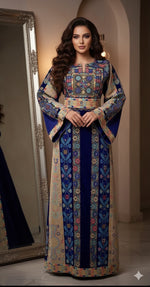 Load image into Gallery viewer, Blue German velvet Multicolored Gorgeous Palstainen Embroidery Traditional Long Thoub
