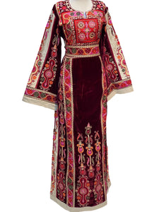 Th Maroon Velvet Malacca Embroidered Palestinian Fellahi Thobe