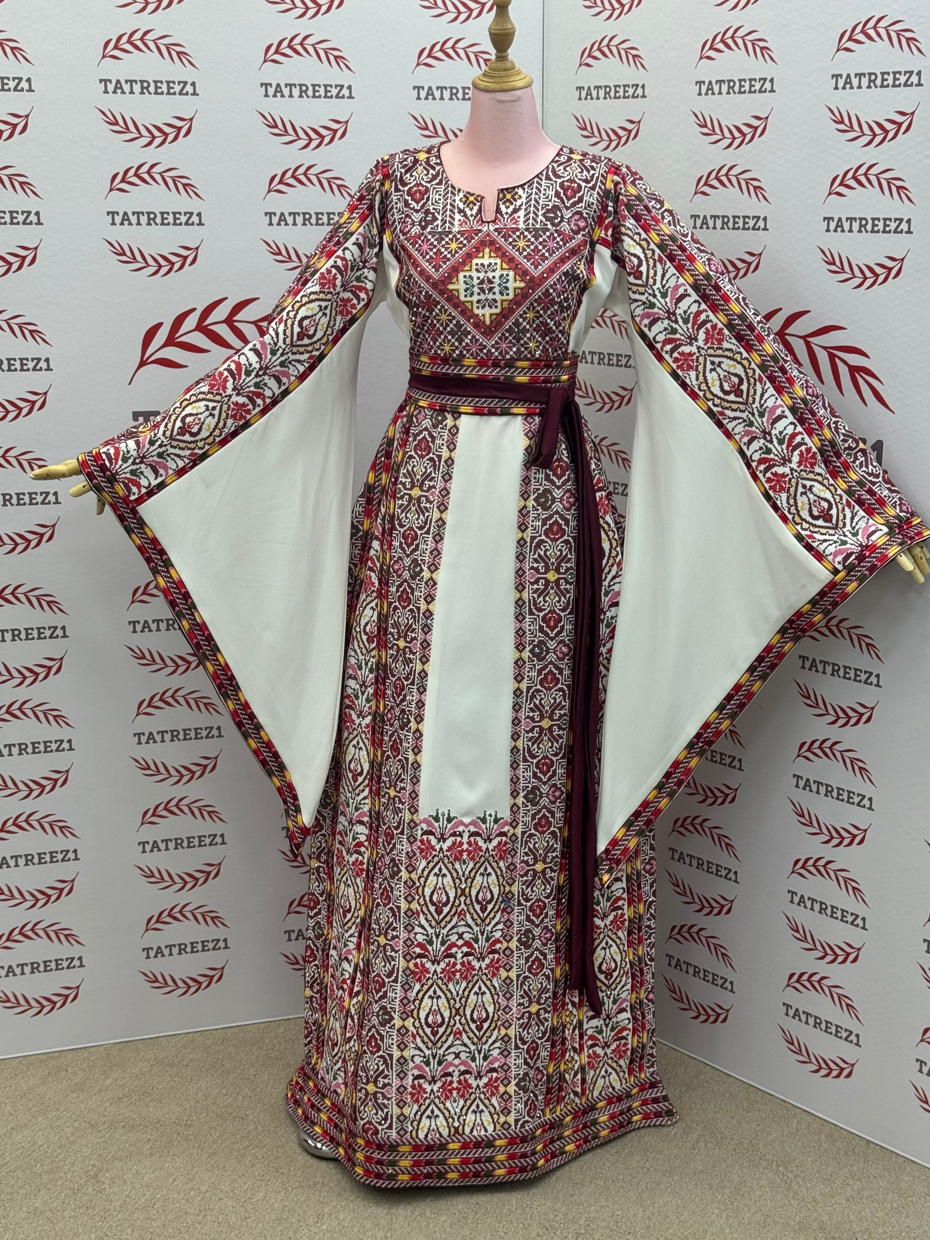 White Traditional Palestinian Thobe – Burgundy & Gold Elegance Embroidery