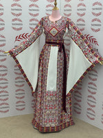 Load image into Gallery viewer, White Traditional Palestinian Thobe – Burgundy &amp; Gold Elegance Embroidery
