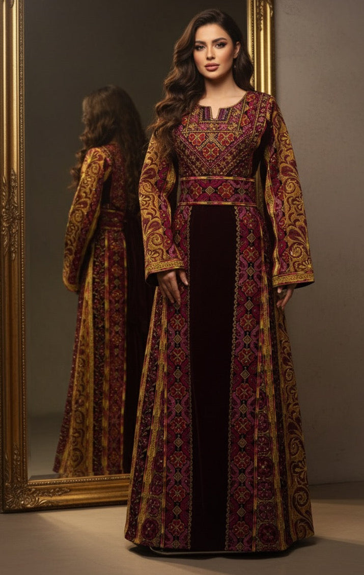 Maroon Silk Velvet Luxurious Golden Kasab Embroidery