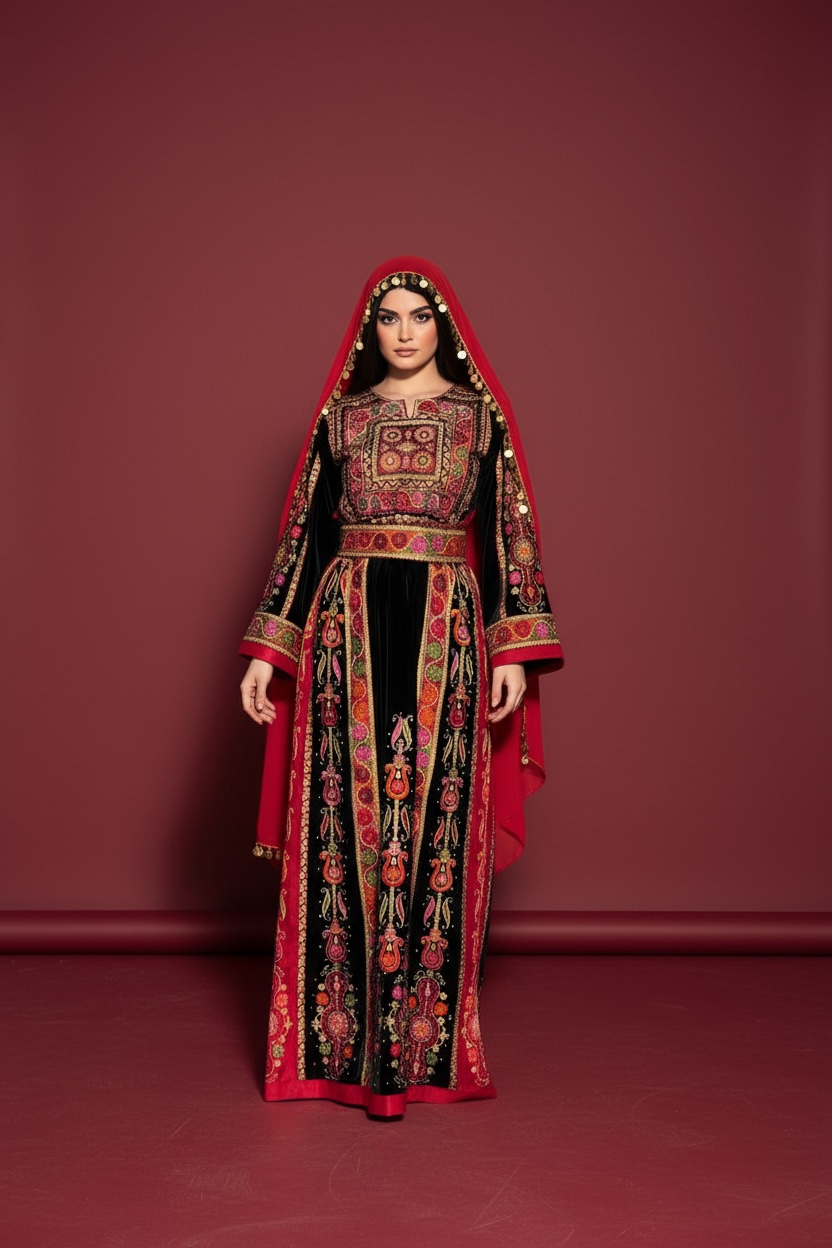Black Velvet Malacca Red Embroidered Palestinian Fellahi Thobe