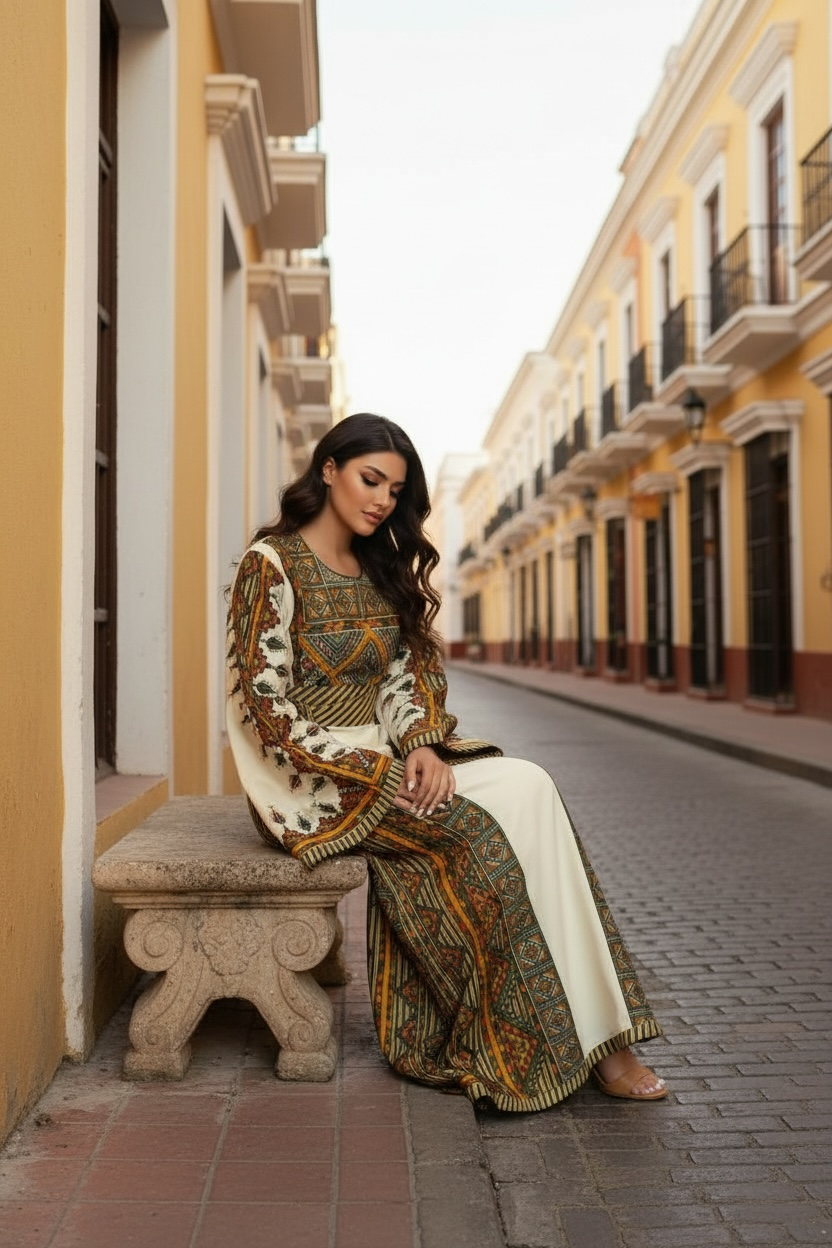 Green Embroidered Palestinian Thobe Wide Sleeves