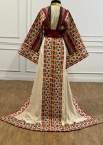 Load image into Gallery viewer, Beige Majdalway Embroidered Palestinian Fellahi Thobe With Matching Headpiece &amp; overskirt
