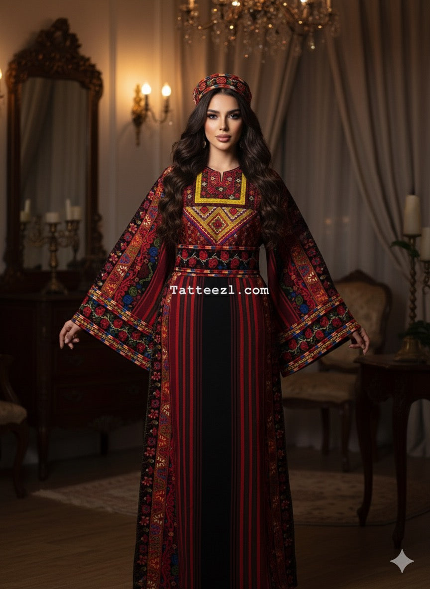 Luxury Black/ Red Majdalway Embroidered Palestinian Fellahi Thobe Whith Headpiece