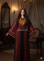 Load image into Gallery viewer, Luxury Black/ Red Majdalway Embroidered Palestinian Fellahi Thobe Whith Headpiece
