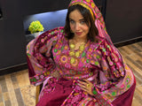 Magenta Malacca silk Velvet Material Stone Embroidery Thoub With Matching Headpiece and reversible belt