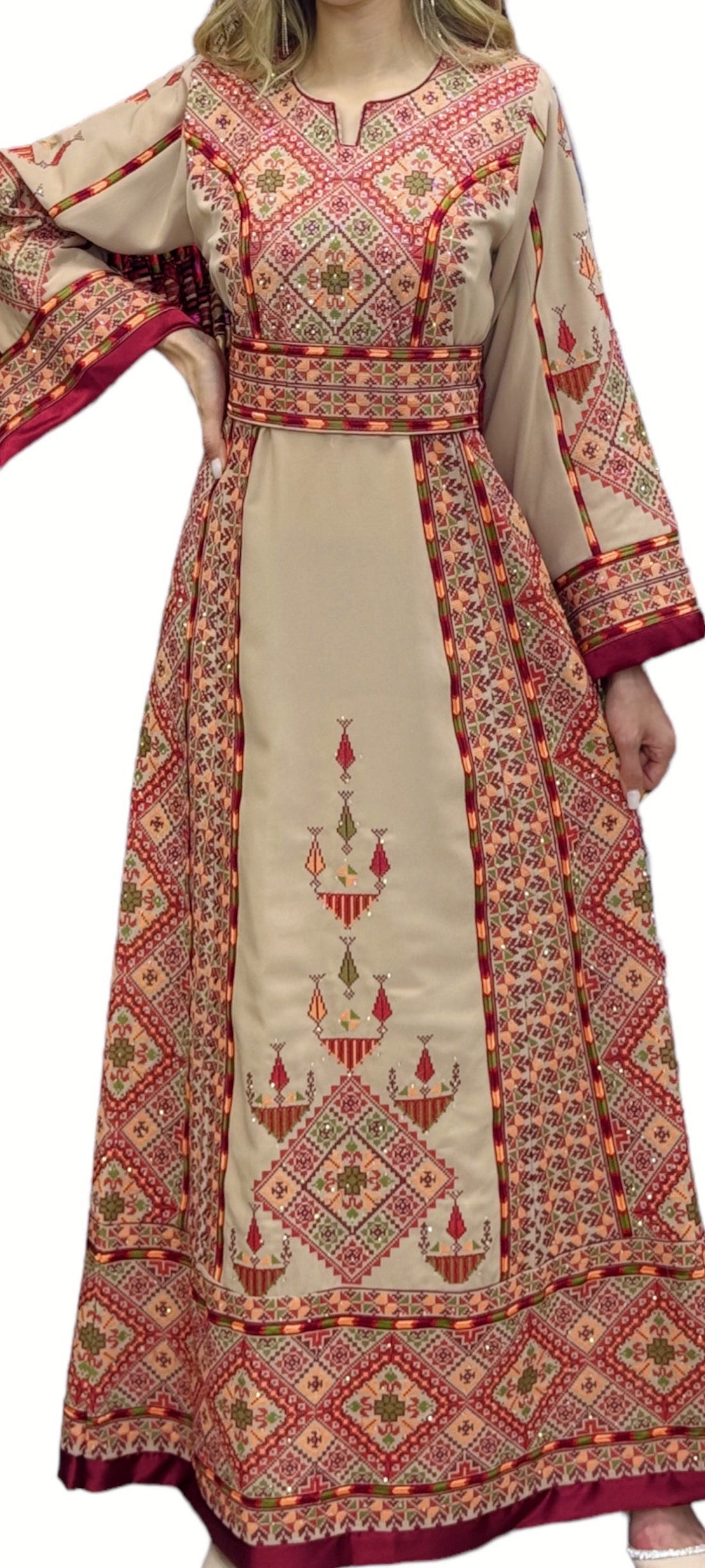 Cappuccino Thobe With Beautiful Tatreez Embroidery Stone Thobe with Reversible Belt