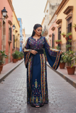 Blue Malacca Silk Velvet Embroidery Palestinian Fellahi Thobe & Headpiece