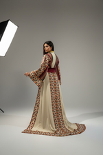 Load image into Gallery viewer, Beige Majdalway Embroidered Palestinian Fellahi Thobe With Matching Headpiece &amp; overskirt
