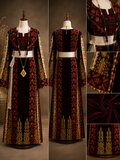 Qasab Maroon Malacca Silk German Velvet Thoub with Embroidery