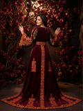 3 Pieces Set Matching Overskirt Maroon Embroidered Palestinian Fellahi Thobe With Matching Headpiece