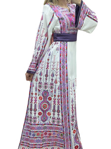 White & Purple Embroidered Palestinian Thobe With Reversible Belt