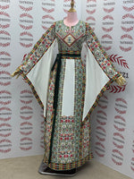 Load image into Gallery viewer, White Traditional Palestinian Thobe – Green Elegance Embroidery

