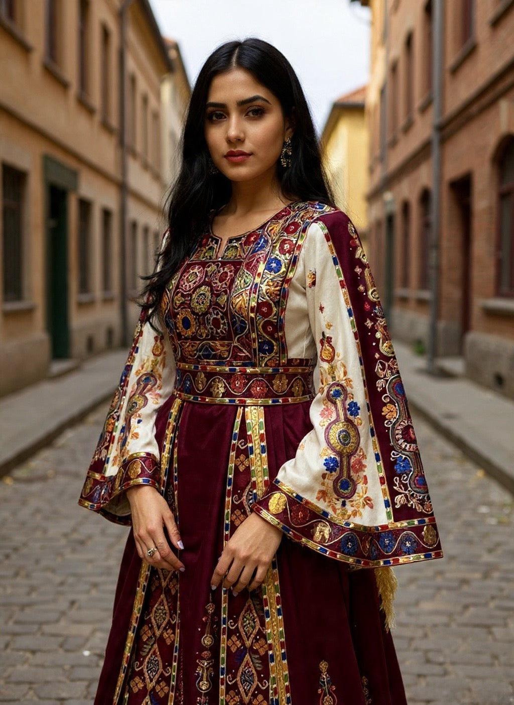 Maroon Malacca Silk Velvet Thoub with Stone Embroidery and Overskirt