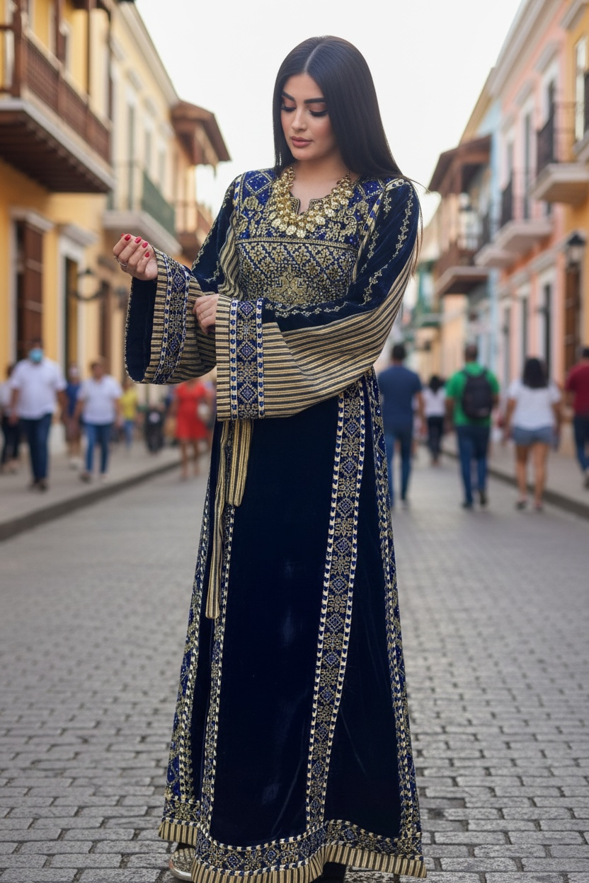 Velvet Simply Elegant Wide Sleeve Thoub Blue Embroidered Palestinian Thobe